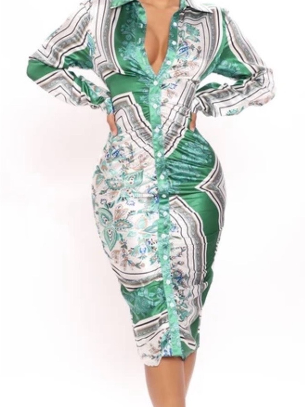 Fashion Nova Green and White Printed Button-Front Satin Shirt Dress XS NWT